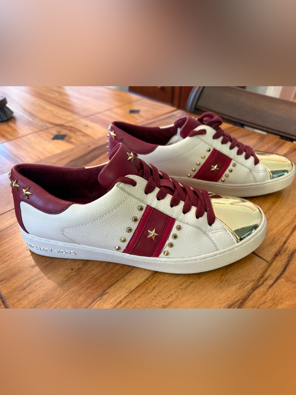 Michael KORS Women's 7 White Burgundy red GOLD Leather designer Sneakers